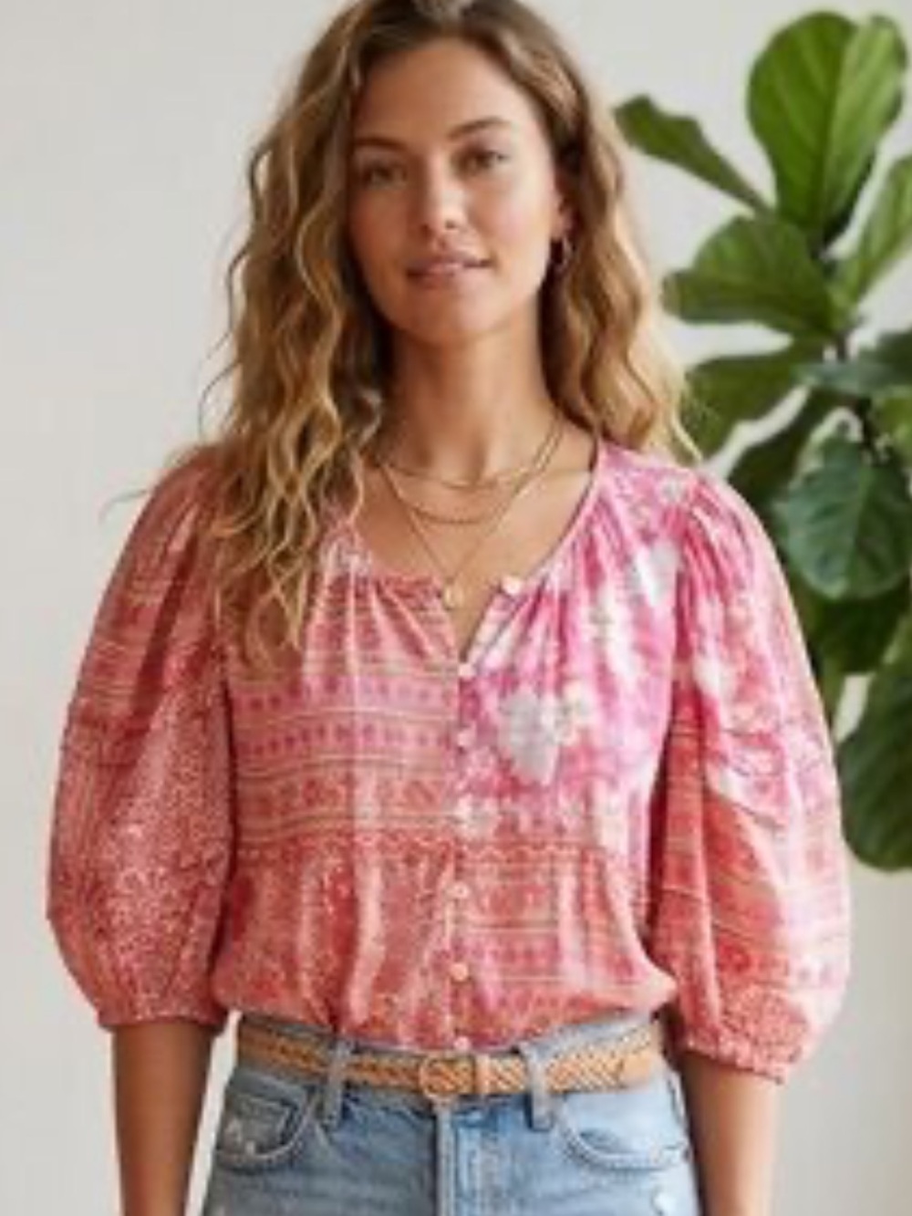 Jen’s pirate booty  Pink Patterned Button-Front Peasant Blouse nwt